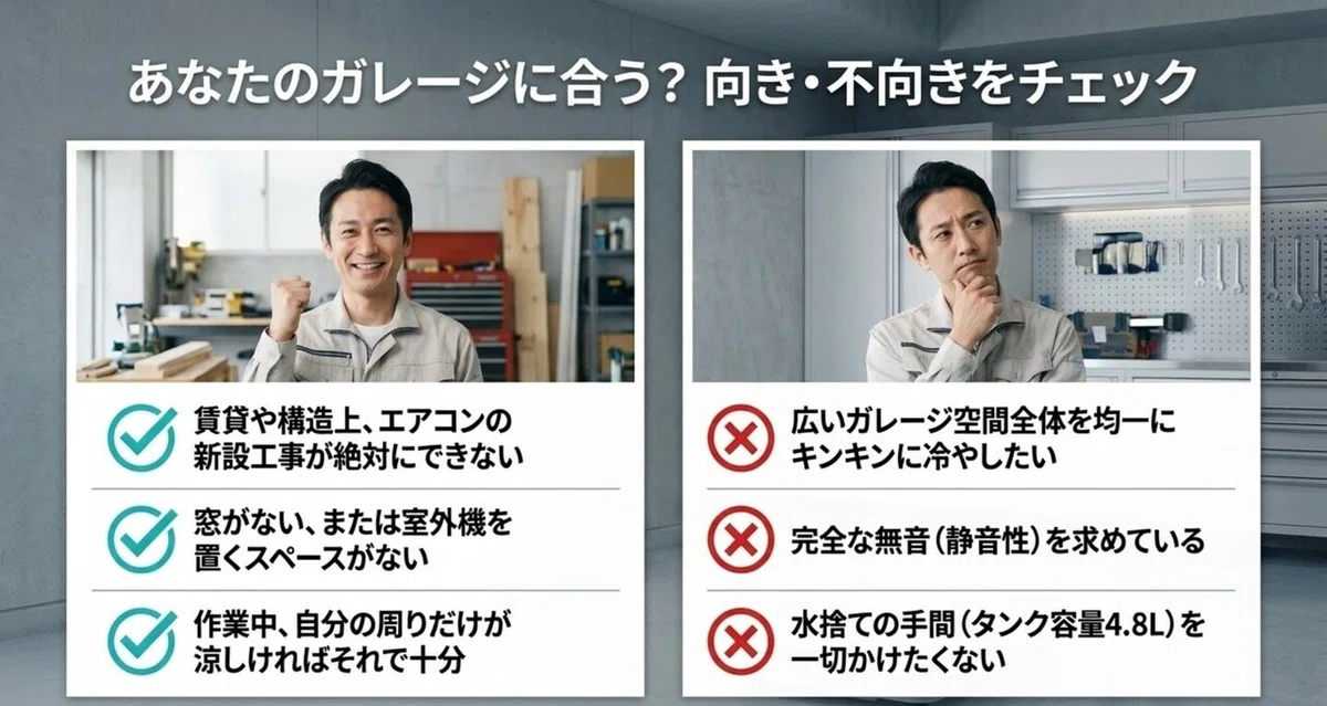 ガレージでスポットクーラーの導入が向いている人・向いていない人をチェックリストで示した図