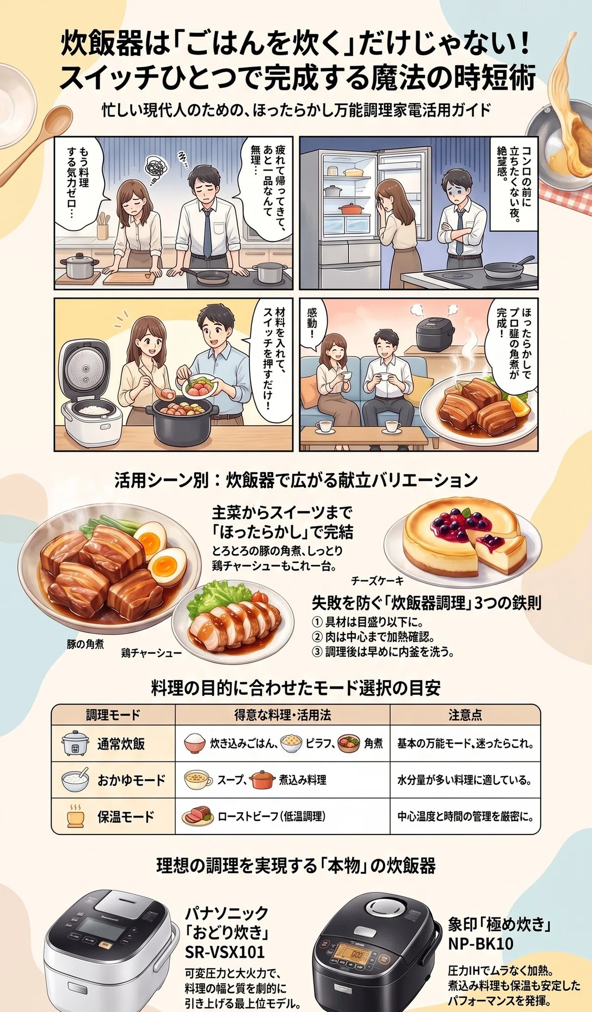 炊飯器で作れる25品の完全ガイドインフォグラフィック。角煮やチャーシューからチーズケーキまでの活用シーン・失敗しない3つの鉄則・調理モード選択の目安をまとめた図解