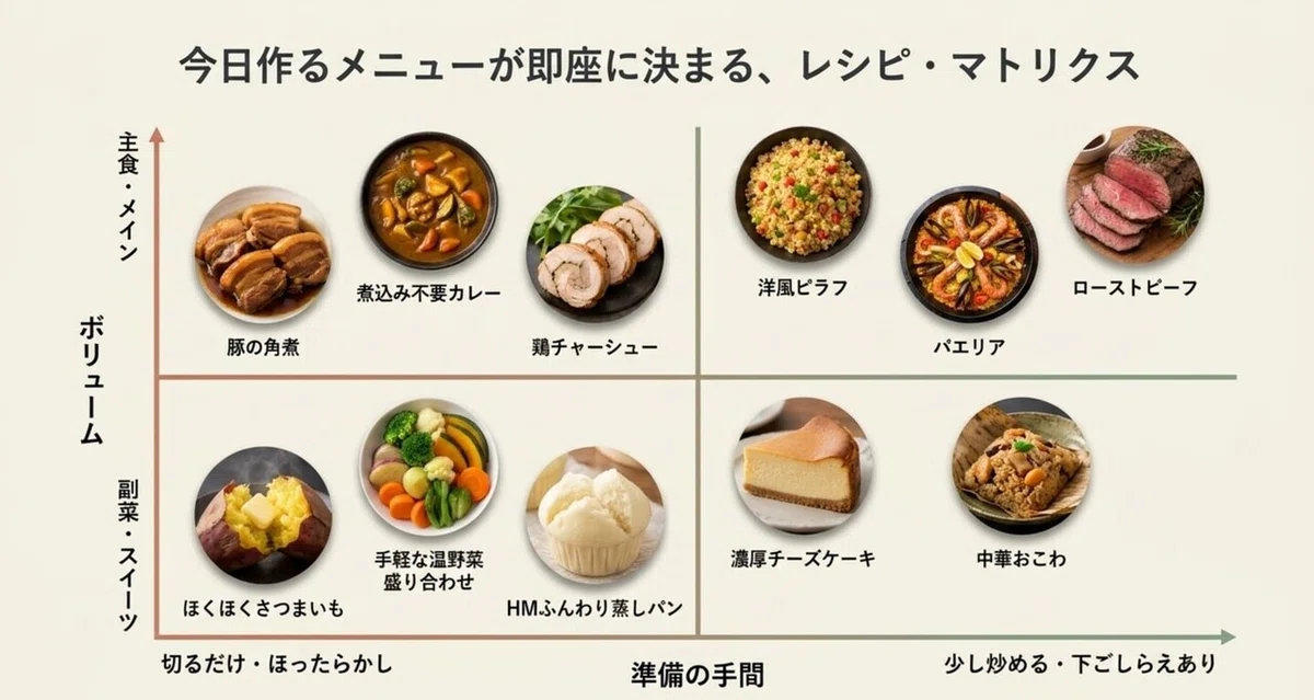 ボリュームと準備の手間で選ぶ炊飯器レシピ・マトリクス。主食からスイーツまでの一覧表