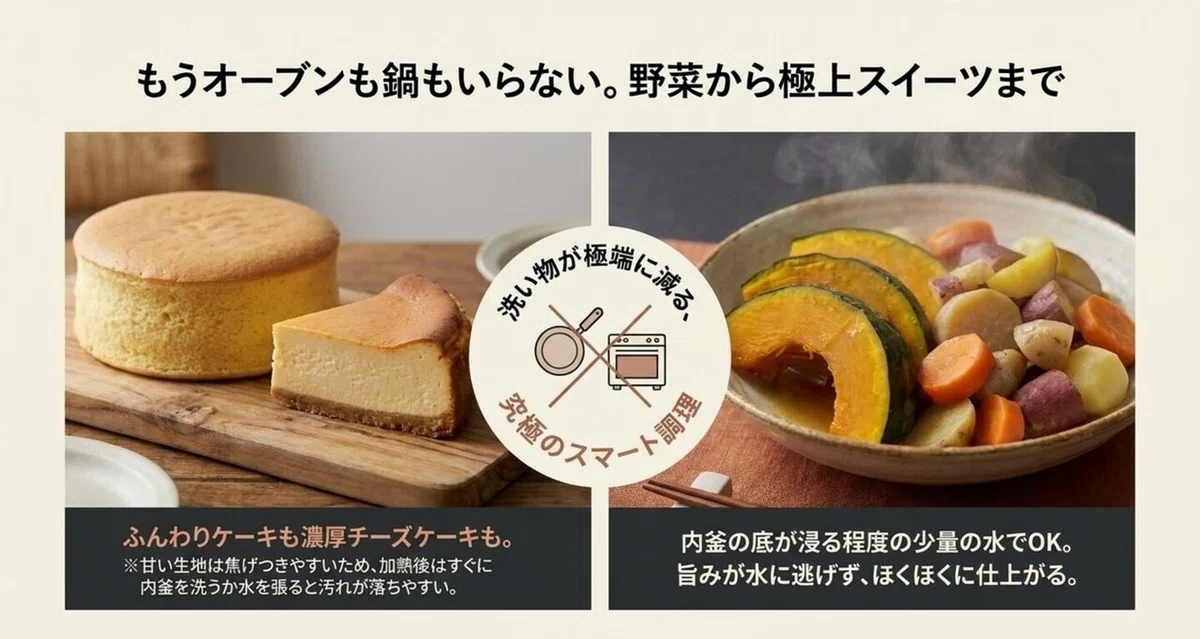 炊飯器で作る蒸し野菜・さつまいもの盛り合わせと濃厚チーズケーキ