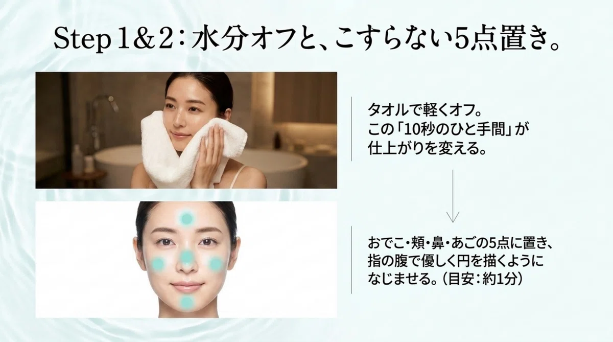 オルビス：ステップ1：手と顔の水分をしっかり拭き取る