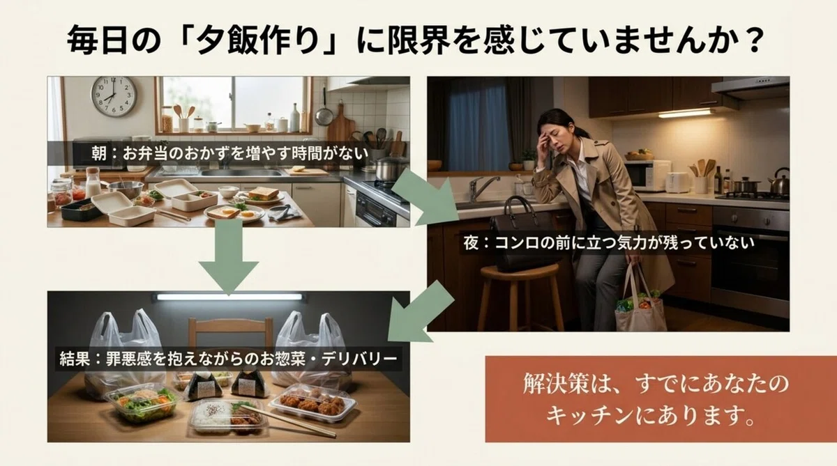 毎日の夕飯作りに限界を感じている共働き家庭の悩みを示したイラスト