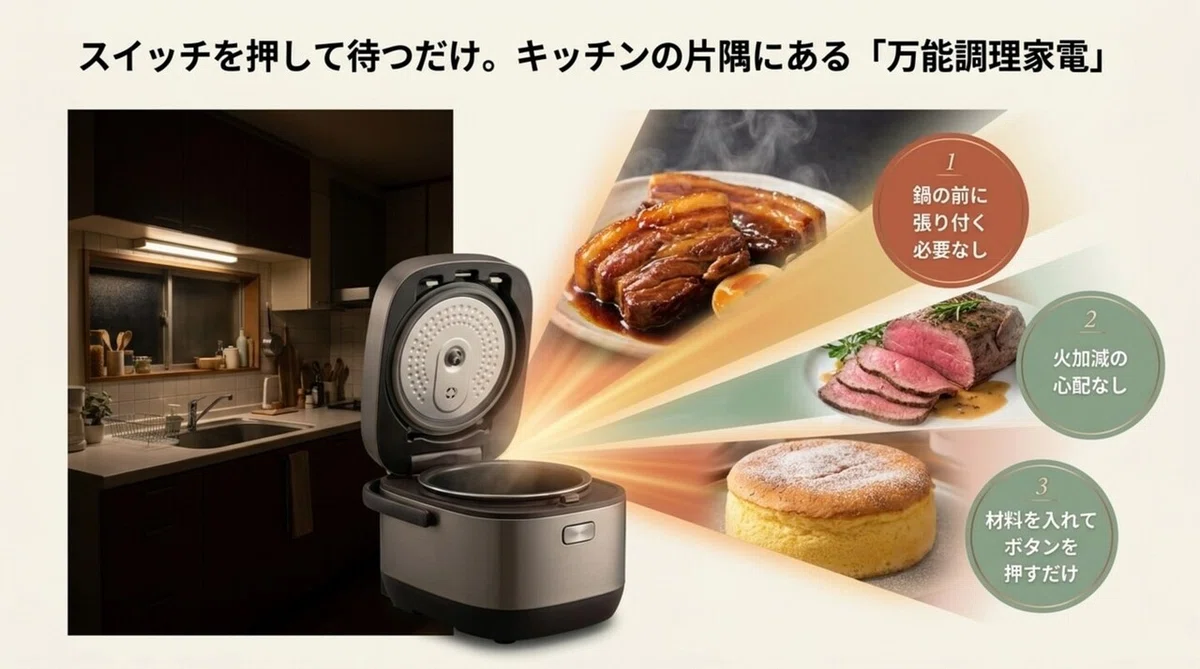 スイッチを押して待つだけで完成する万能調理家電としての炊飯器の魅力を紹介する図
