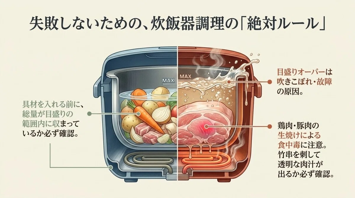 炊飯器調理で失敗しないための絶対ルール(目盛りオーバーや生焼け対策)を示した図解