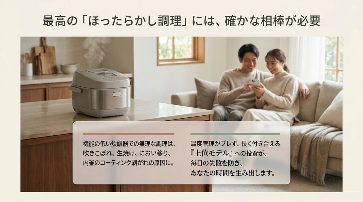 最高のほったらかし調理には温度管理がブレない信頼できる炊飯器が必要であることを示す図