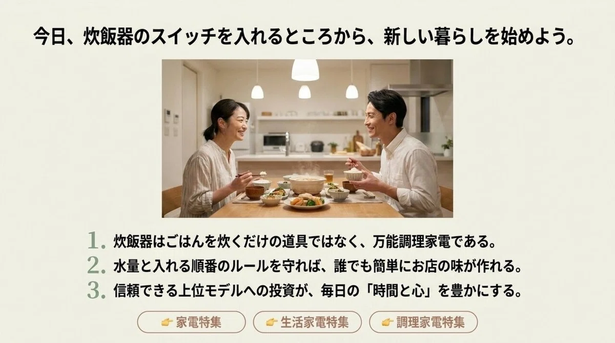 炊飯器のスイッチを入れるところから新しい暮らしを始めるイメージ