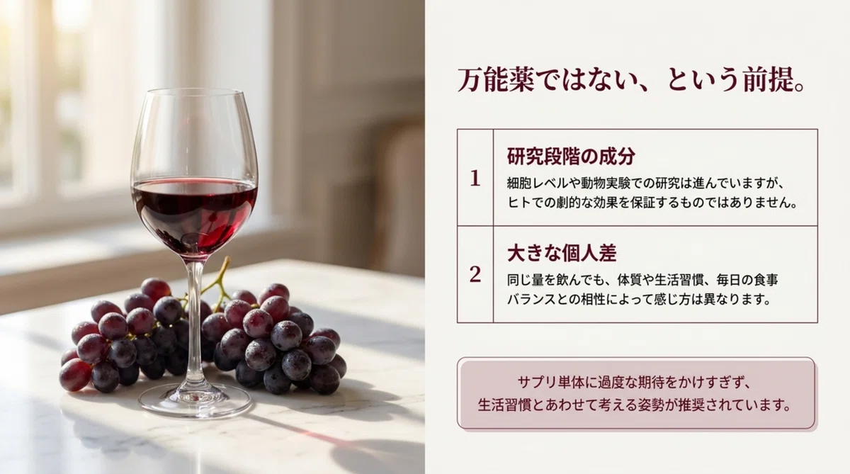 レスベラトロール:研究段階の話と個人差の前提の図解