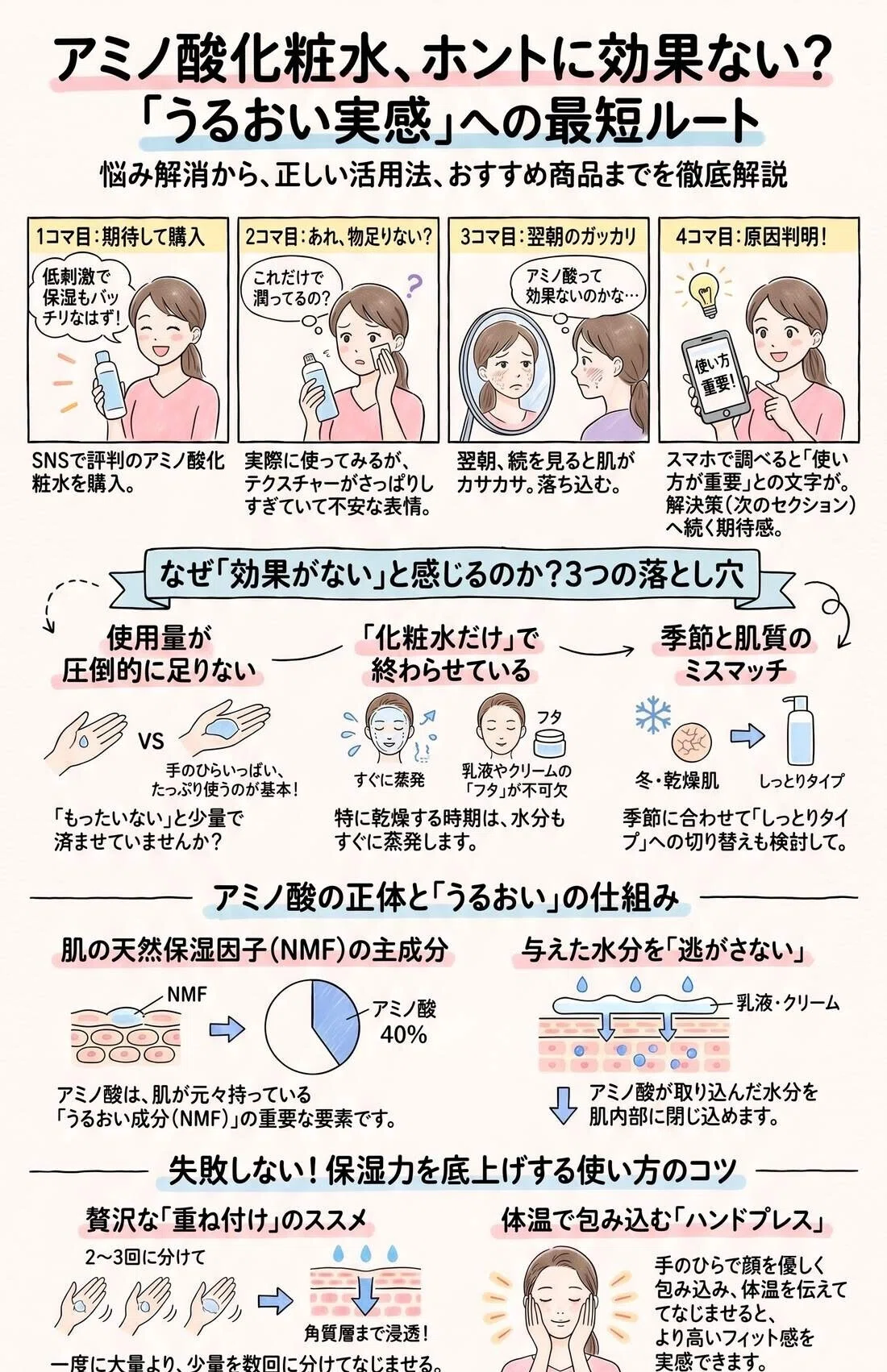 アミノ酸化粧水の要点をまとめたインフォグラフィック