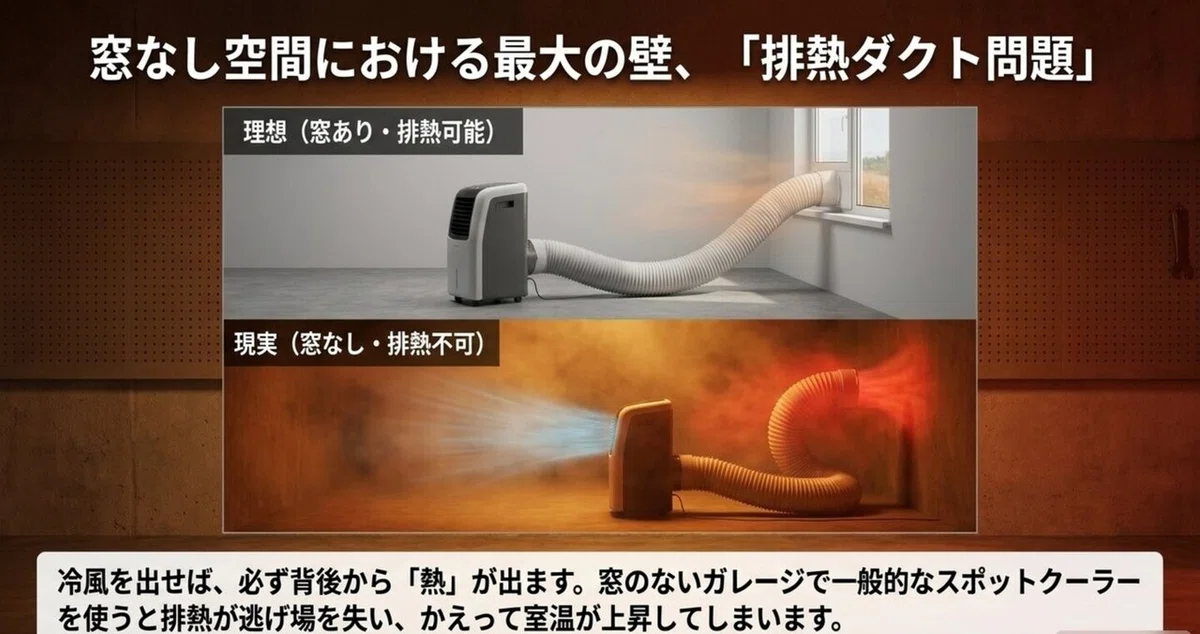 窓ありなら排熱ダクトを外に出せるが、窓のないガレージでは排熱の逃げ場がなく室温が上がってしまう排熱ダクト問題を示した図