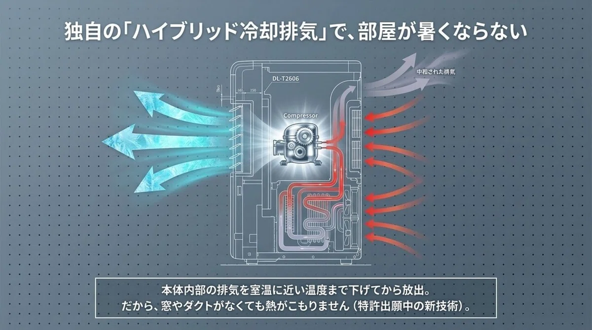 本体内部の排気を室温に近い温度まで下げてから放出するハイブリッド冷却排気の仕組みを示した図