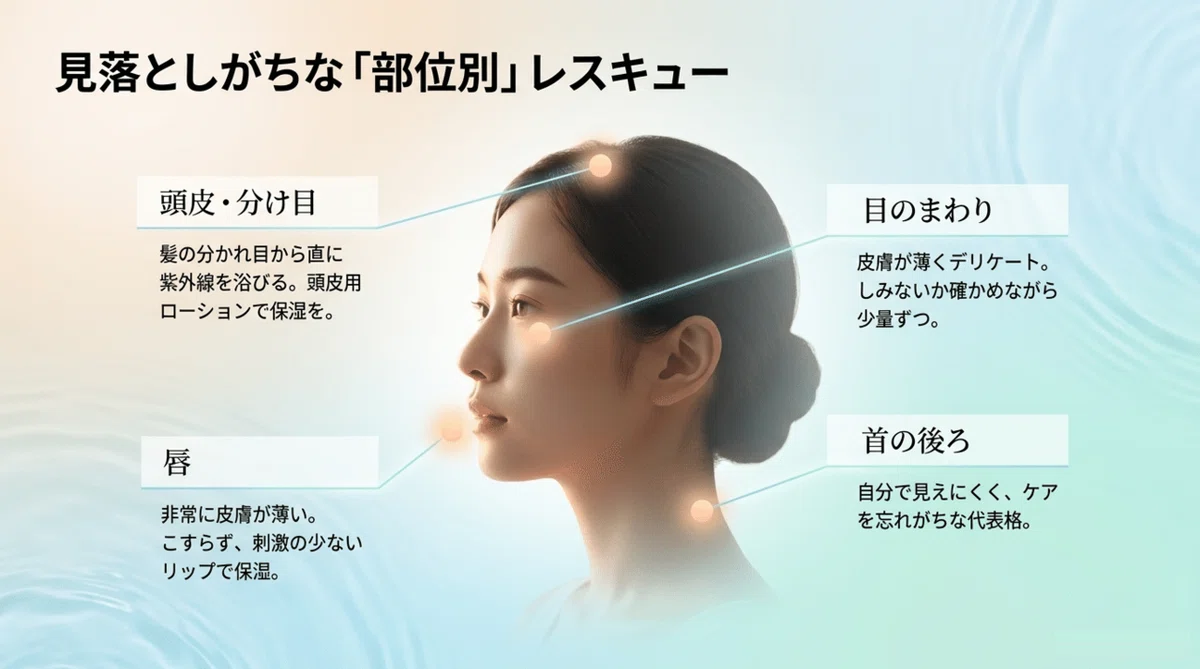 記録的猛暑:見落としがちな「部位別」の日焼け後ケアの図解