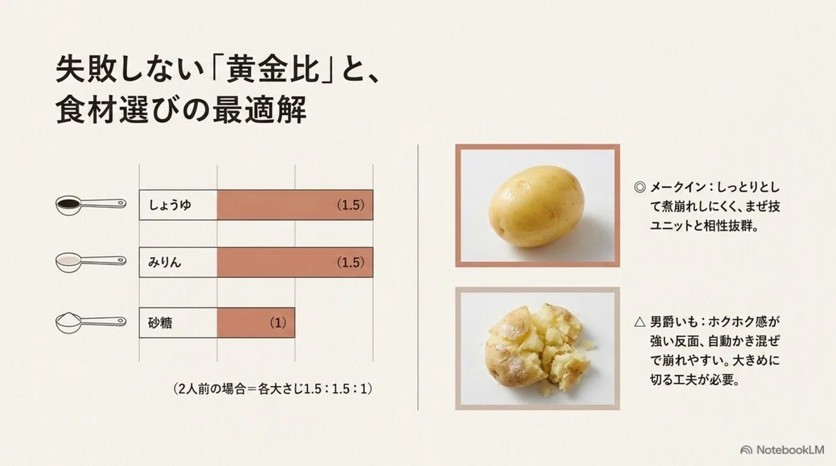 ホットクック肉じゃがの黄金比としょうゆ・みりん・砂糖の分量とじゃがいもの品種比較