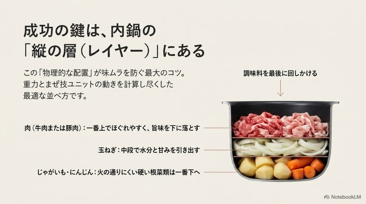 ホットクック内鍋への食材の重ね方、肉を一番上・玉ねぎを中段・じゃがいもとにんじんを下段に置く順番