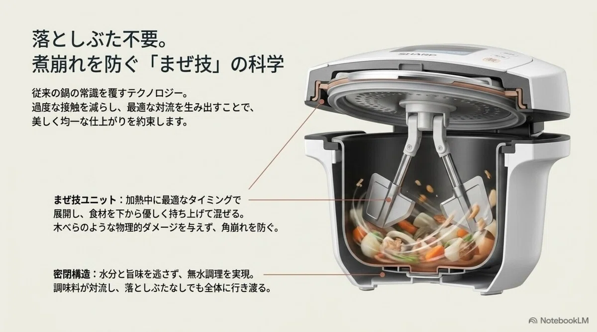ホットクックのまぜ技ユニットが食材を優しく持ち上げて混ぜる仕組みの図解