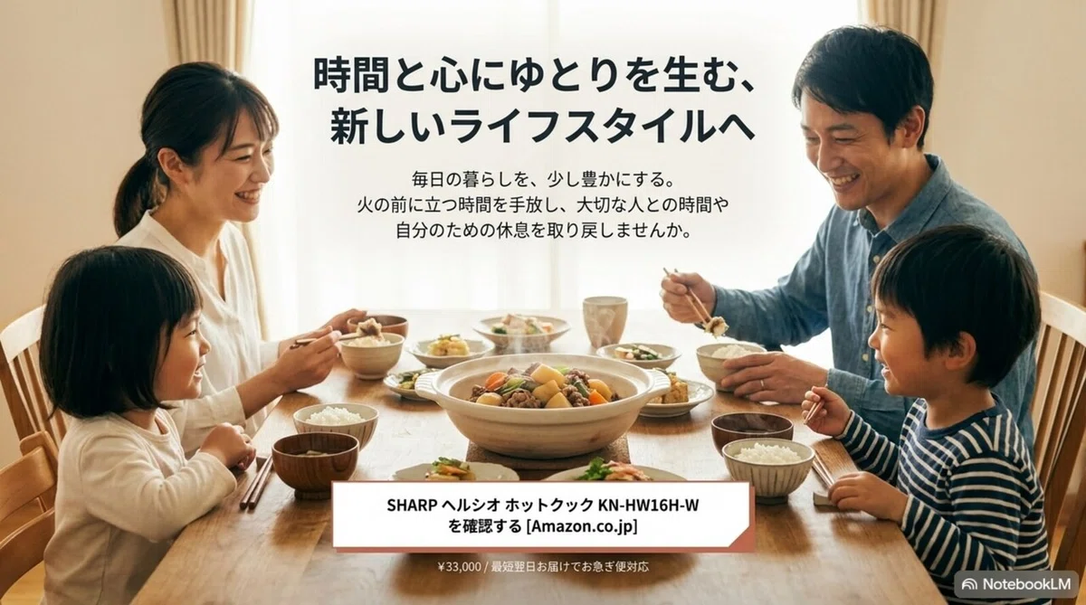 ホットクックの肉じゃがを家族4人で食卓を囲んで食べている様子