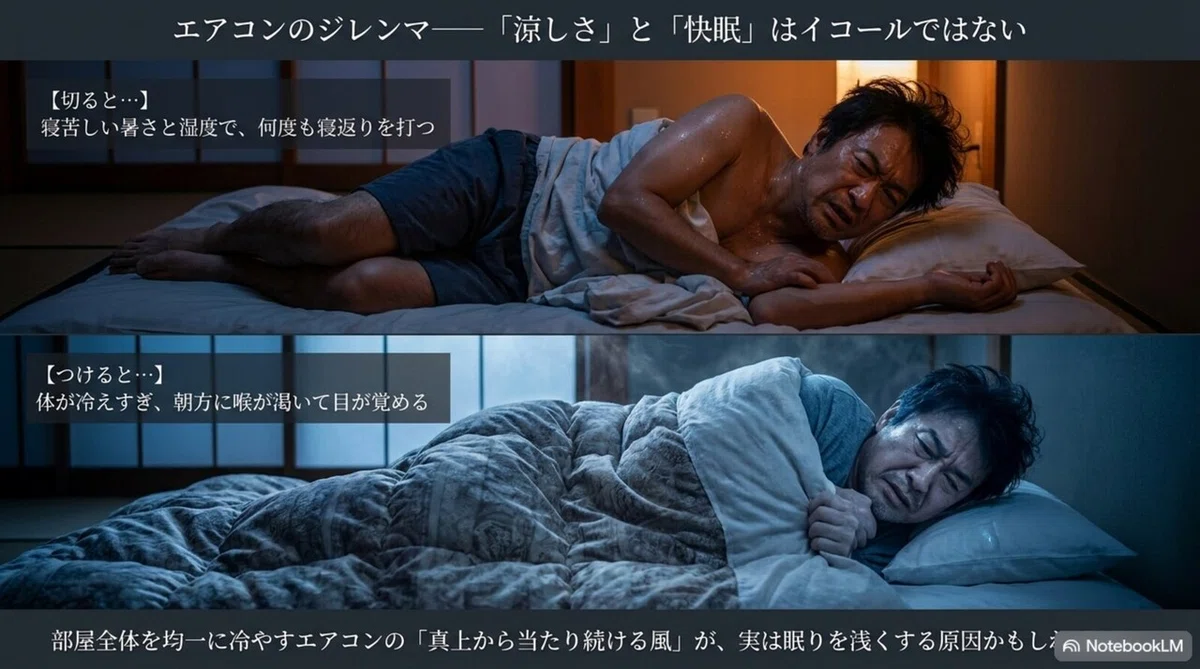 エアコンを切ると暑さで寝苦しく、つけると冷えすぎて目が覚めるジレンマ