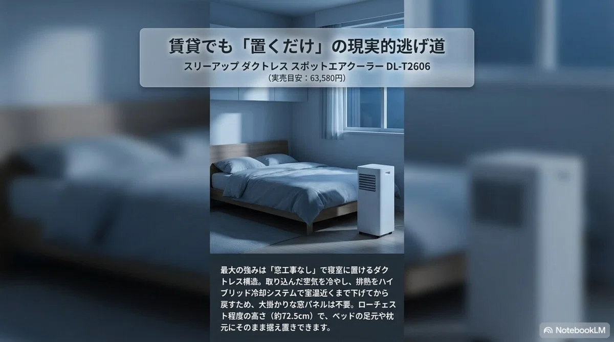 スリーアップ ダクトレス スポットエアクーラーDL-T2606を寝室のベッド脇に置いた様子