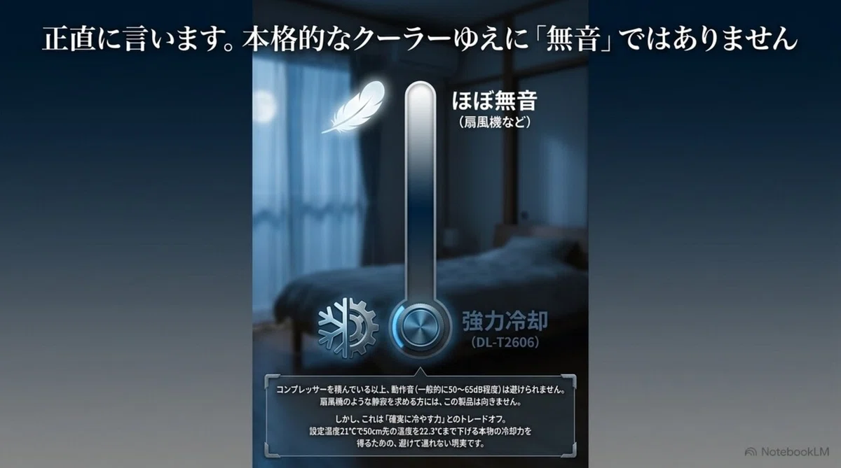 スポットクーラーDL-T2606の運転音は50〜65dB程度で無音ではないという正直な説明