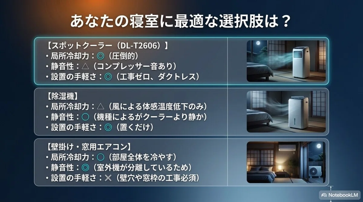 スポットクーラーと除湿機と壁掛けエアコンの冷却力・静音性・設置の手軽さの比較