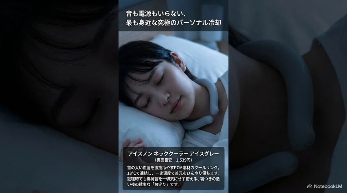 電源も音も不要なネッククーラーで首元だけ冷やして眠る様子