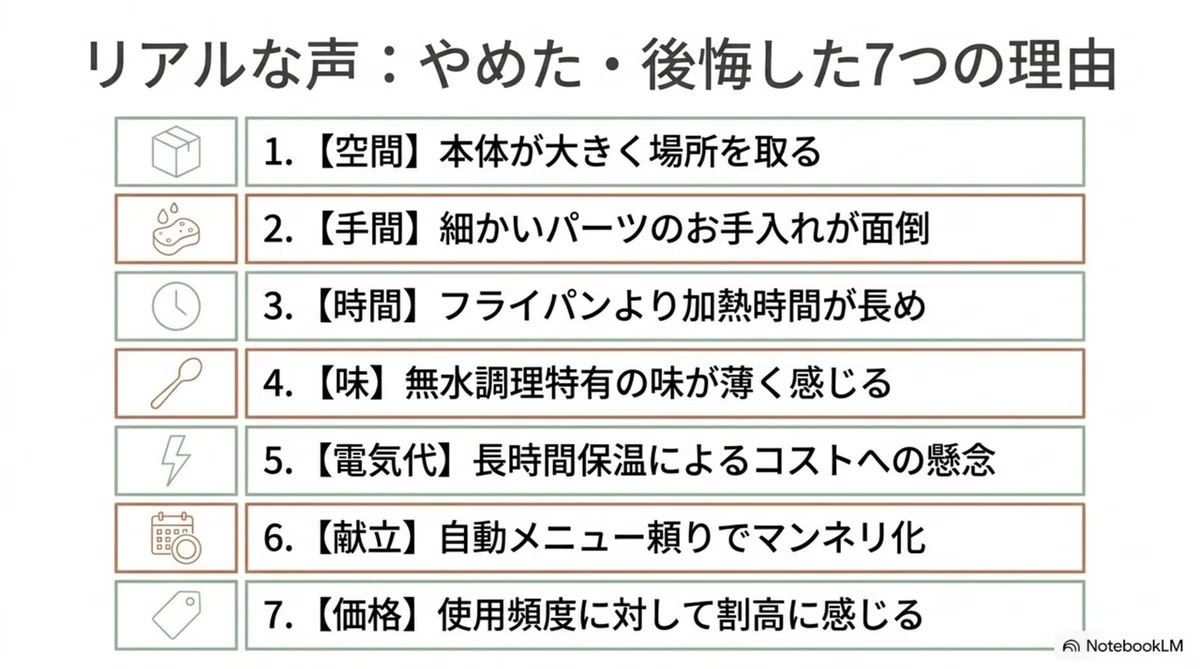 ホットクックをやめた・後悔した7つの理由の一覧、空間・手間・時間・味・電気代・献立・価格