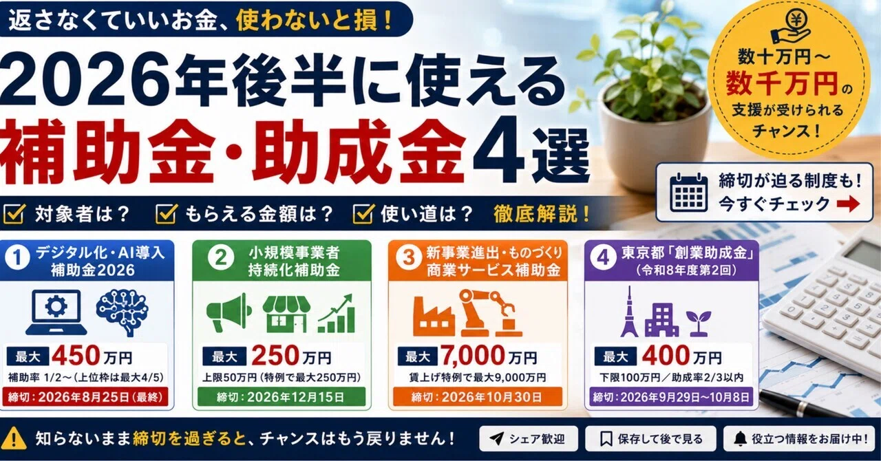 2026年最新】中小企業・個人事業主・創業者が使える補助金まとめ4選