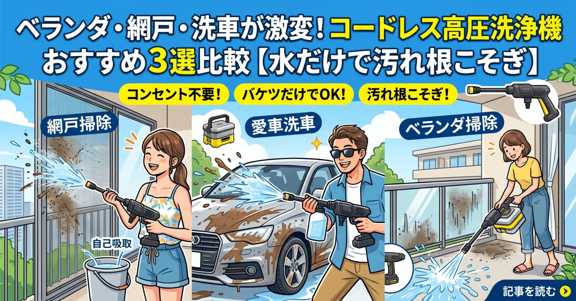 ✨高圧洗浄機✨小型 水道直結&自給対応 洗車 園芸 網戸 排水溝 ベランダ 掃除 ベランダ・網戸・洗車が激変！コードレス高圧洗浄機おすすめ3選比較