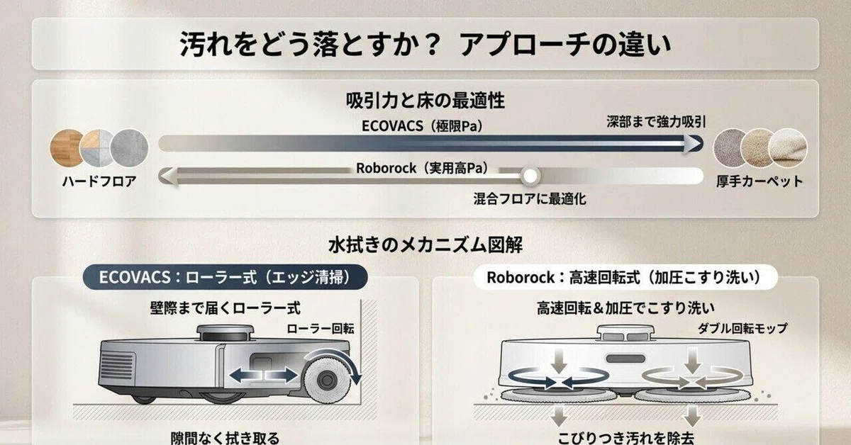 EcovacsとRoborockの吸引力の床材別最適性と水拭きメカニズムの違いの図解