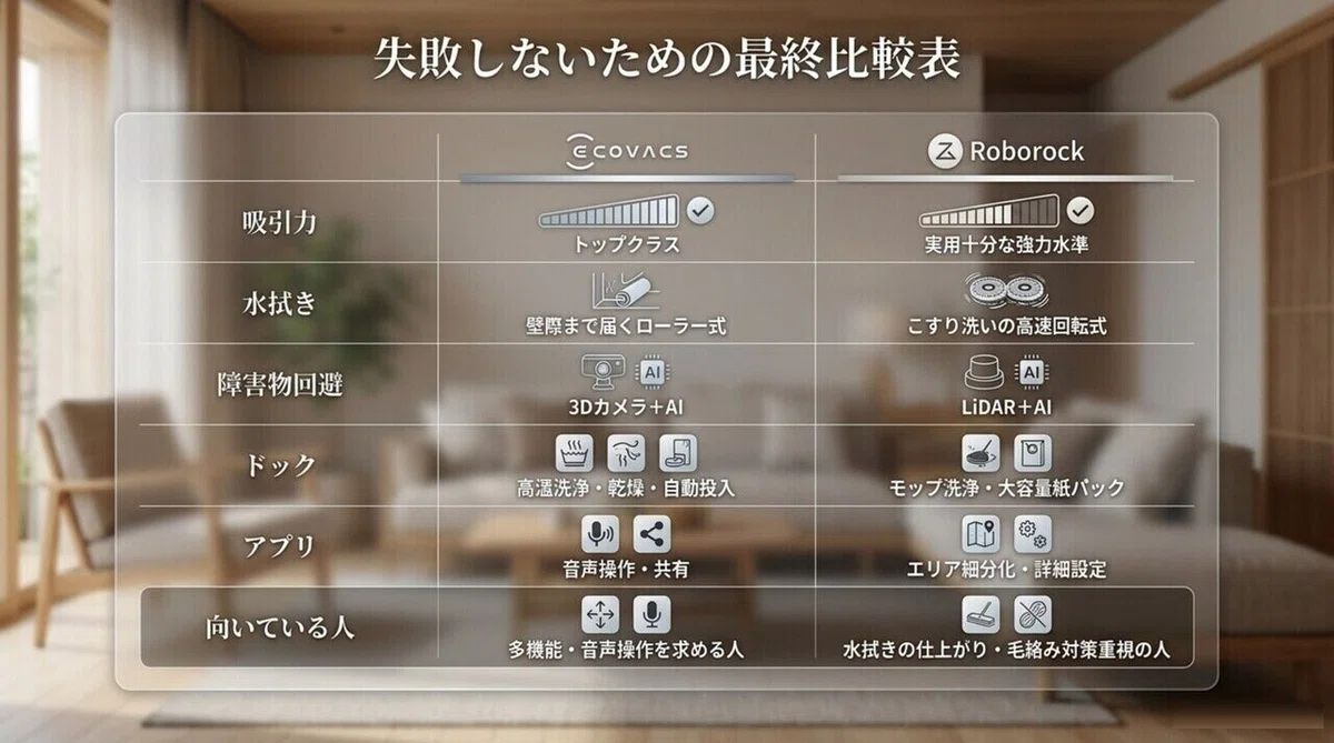 Ecovacs対Roborockの吸引力・水拭き・障害物回避・ドック・アプリ・向いている人の最終比較表