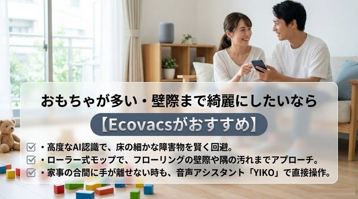 おもちゃが多い部屋や壁際まで綺麗にしたい家庭にEcovacsがおすすめという説明