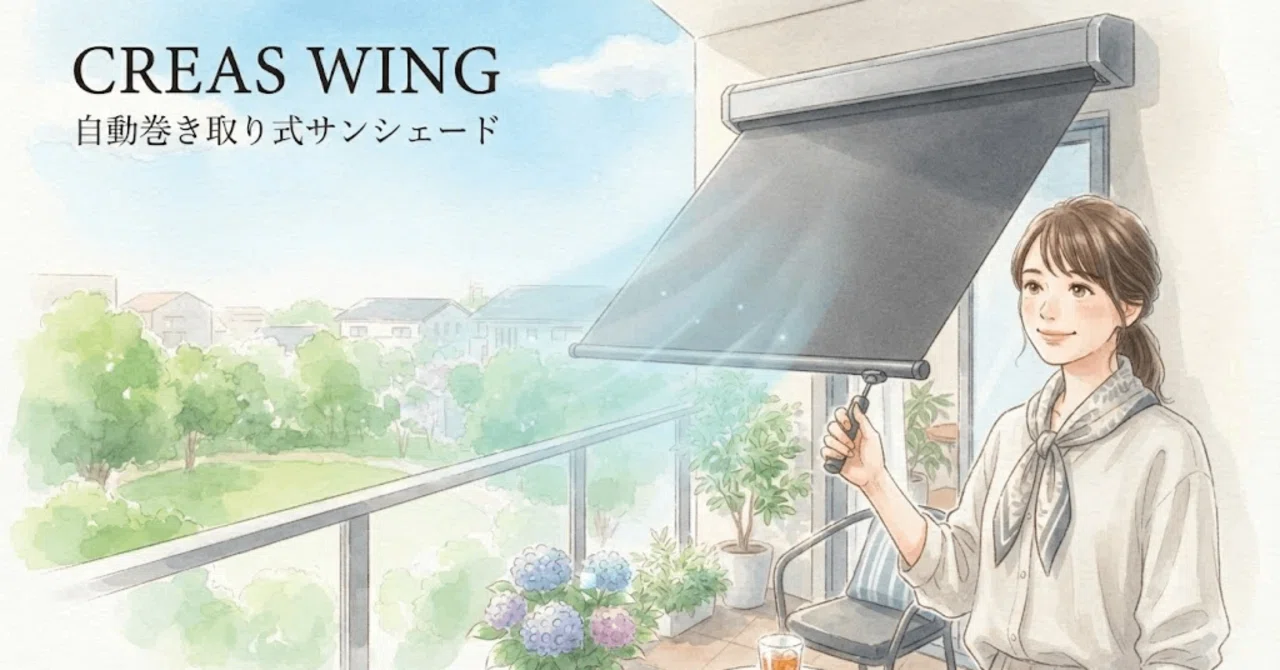 パッと広げてすぐ収納できる？CREAS WING 自動巻き取り式サンシェード