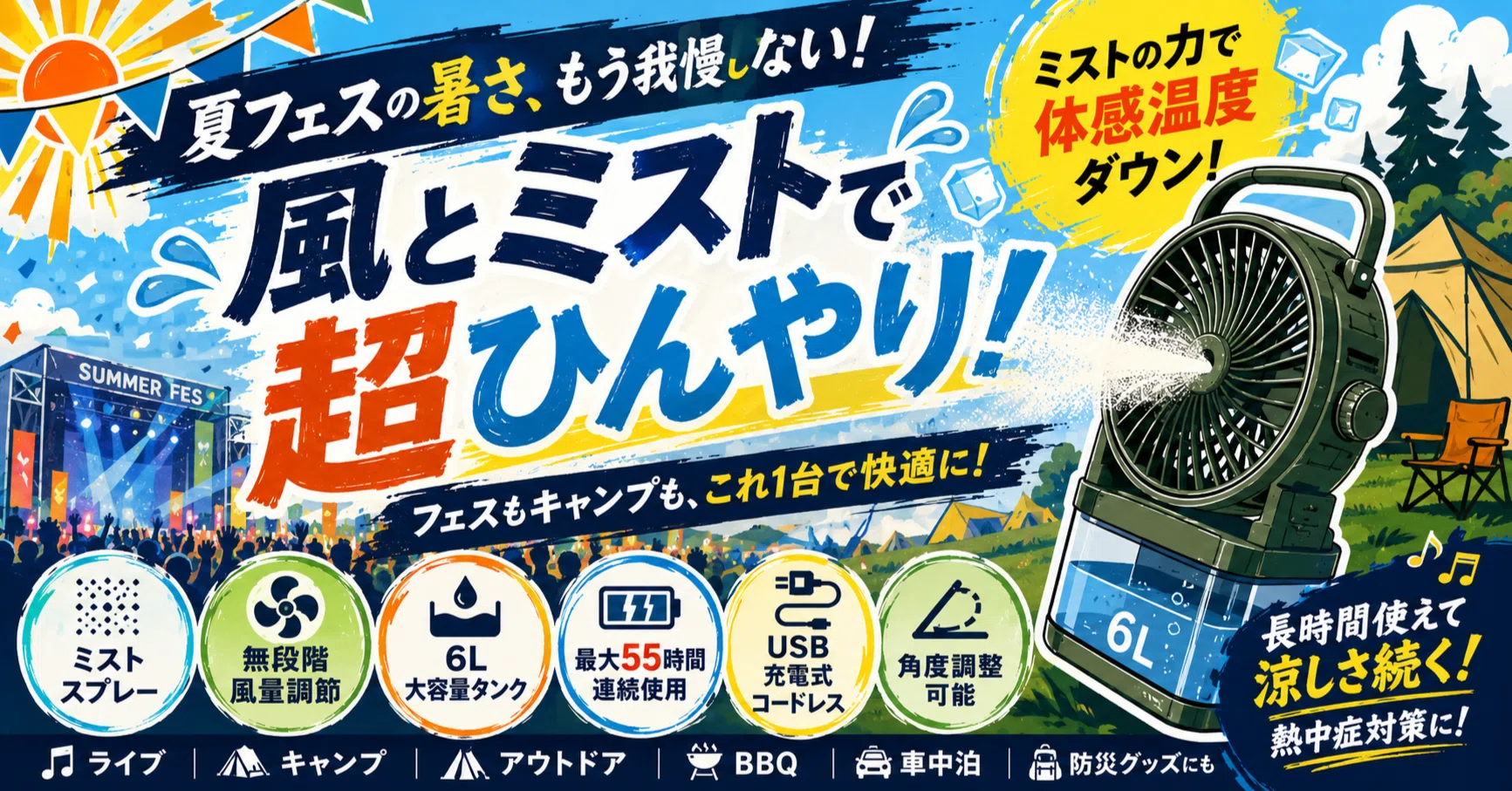 夏フェス暑さ対策】普通の扇風機じゃ足りない。ミストファンという
