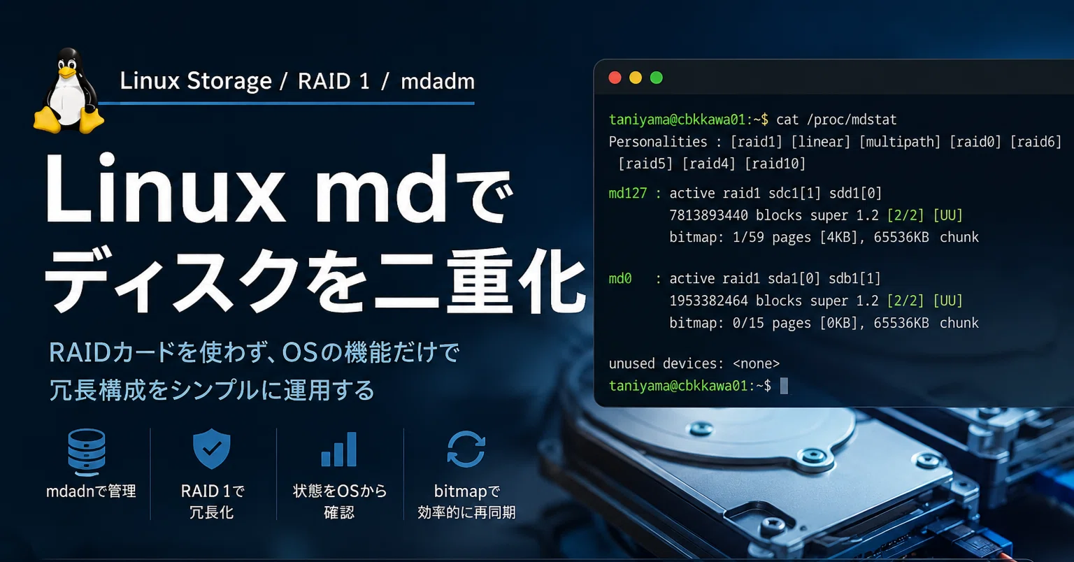 Linux mdでディスクを二重化しています｜谷山 亮治 | takumi.cloud
