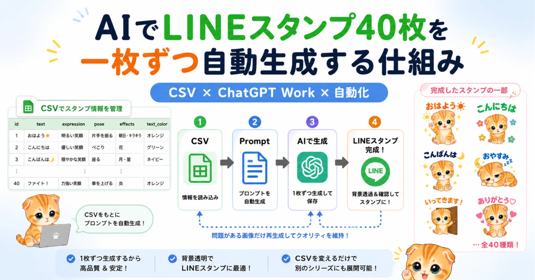 AIでLINEスタンプ40枚を一枚ずつ自動生成する仕組み｜yohaku log