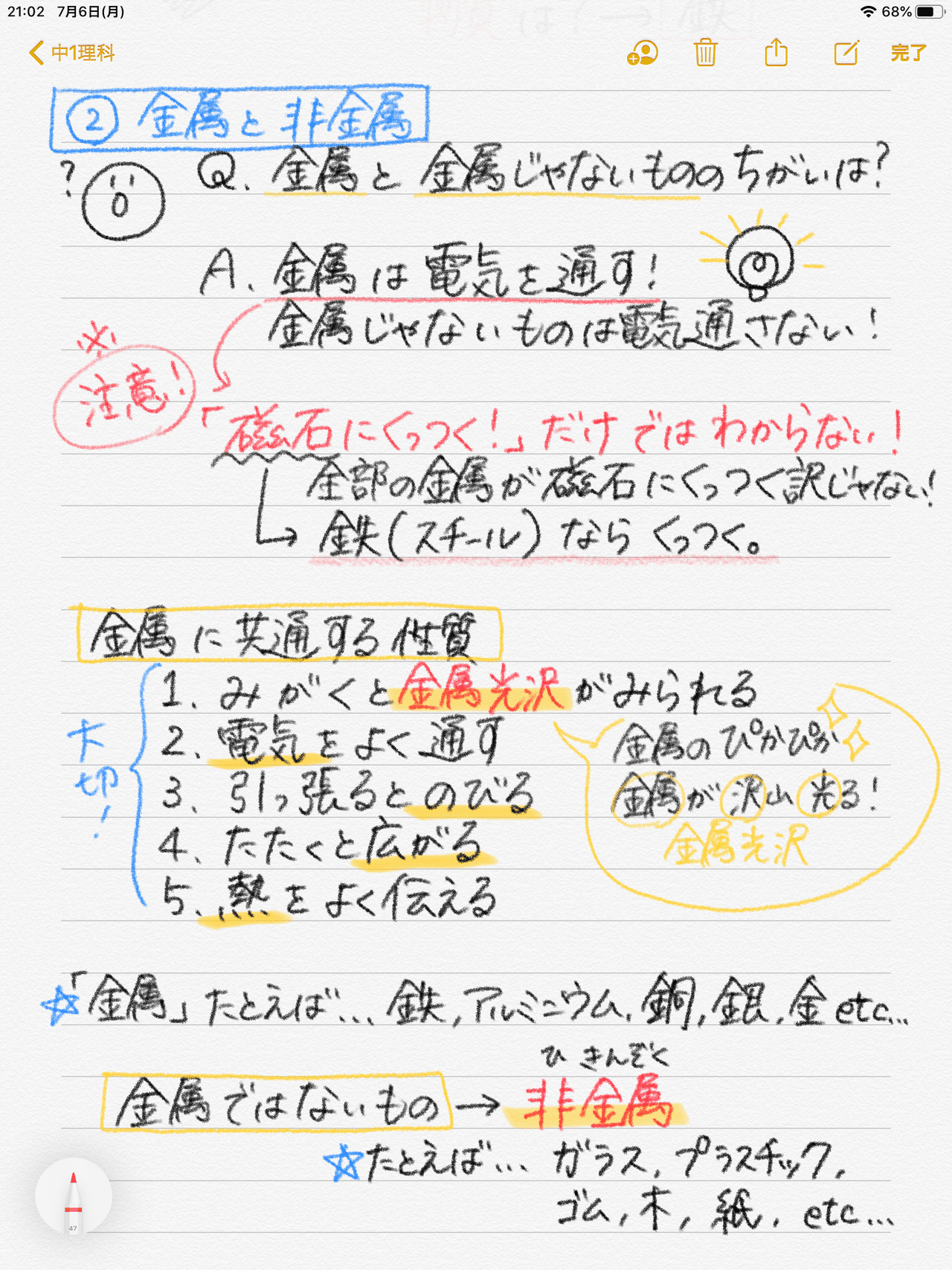 中1理科ノートまとめー身のまわりの物質ー金属と非金属 ぽにょんちゃん目指せまるちくりえいたー Note