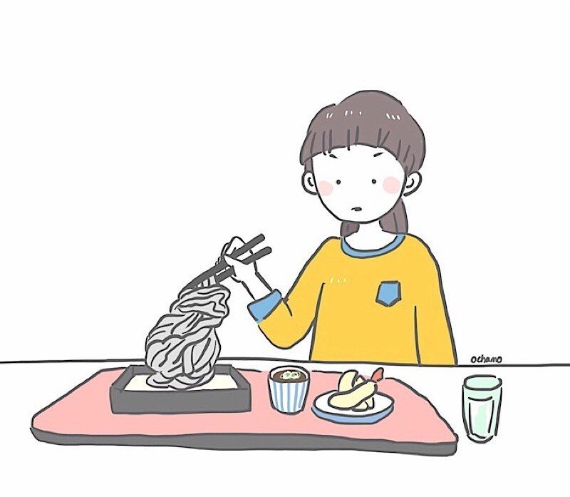 伸びきってくっついた蕎麦が到着したゆるいイラストエッセイ おちゃも イラストレーターハンドメイド作家 Note