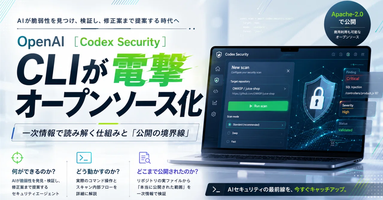 OpenAI「Codex Security」CLIが電撃オープンソース化 ── 一次情報で