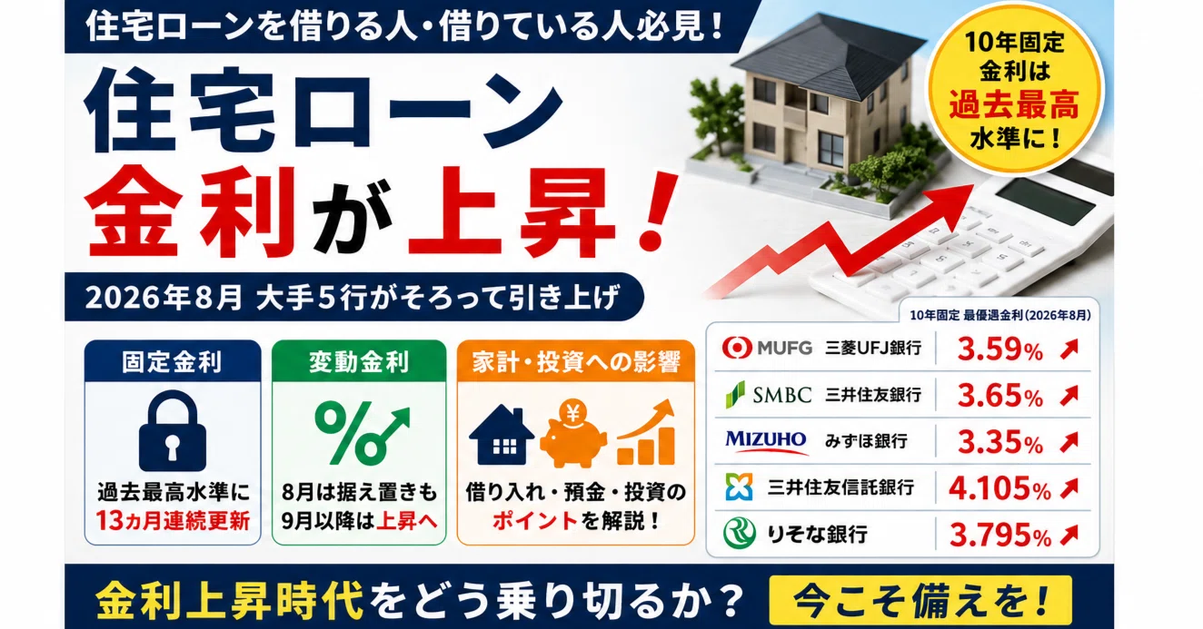 住宅ローン利用者は要注意！】固定金利が過去最高水準へ…9月は変動金利