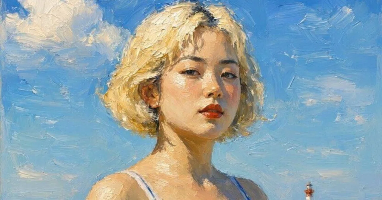 AI画像（油彩画）女子、海岸｜茜町春彦
