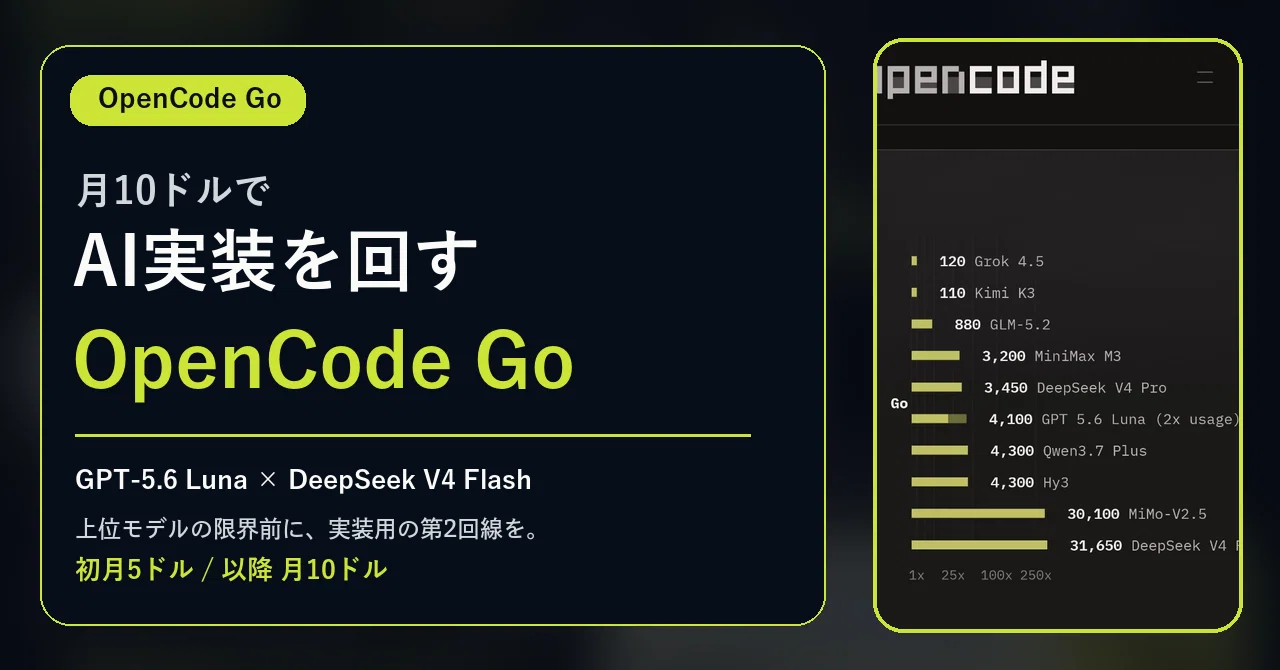 DeepSeek V4 Flash 0731はGPT-5.6 Luna級？月10ドルのOpenCode Goが今