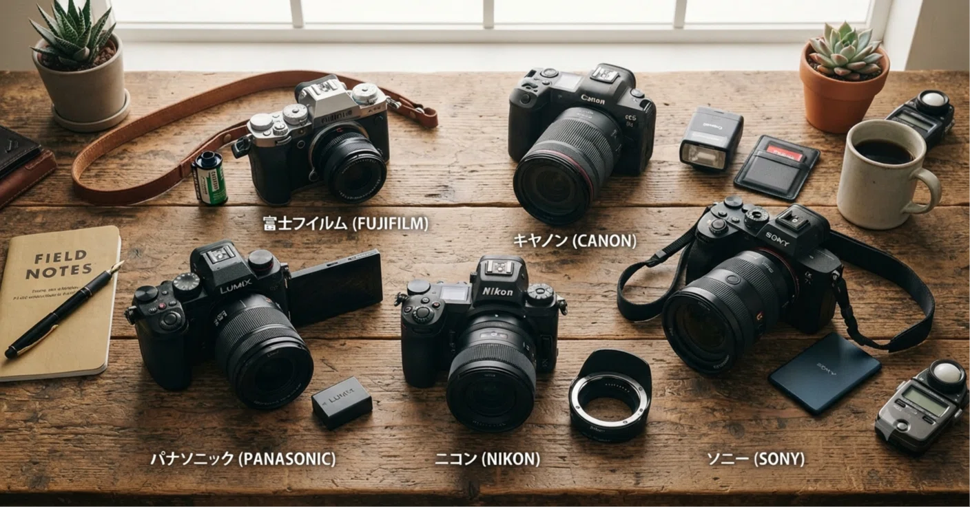 一眼カメラ5社（フジ、ソニー、キャノン、パナソニック、ニコン）の