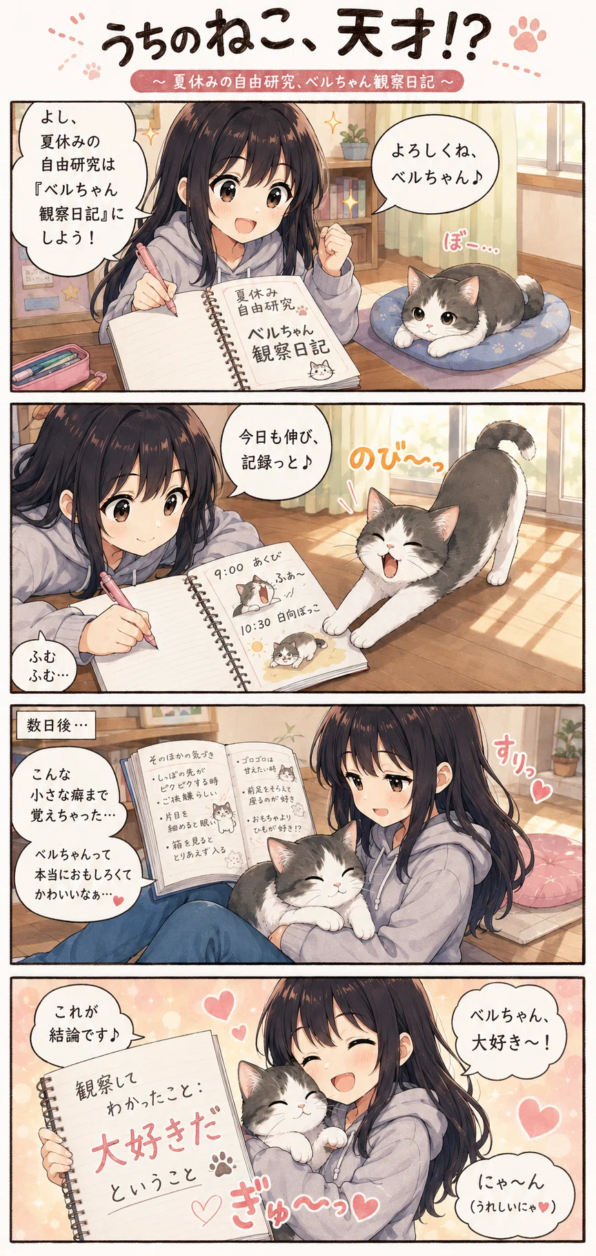 4コマ漫画「うちのねこ、天才!?」第217〜219話：自由研究と縁日の夏
