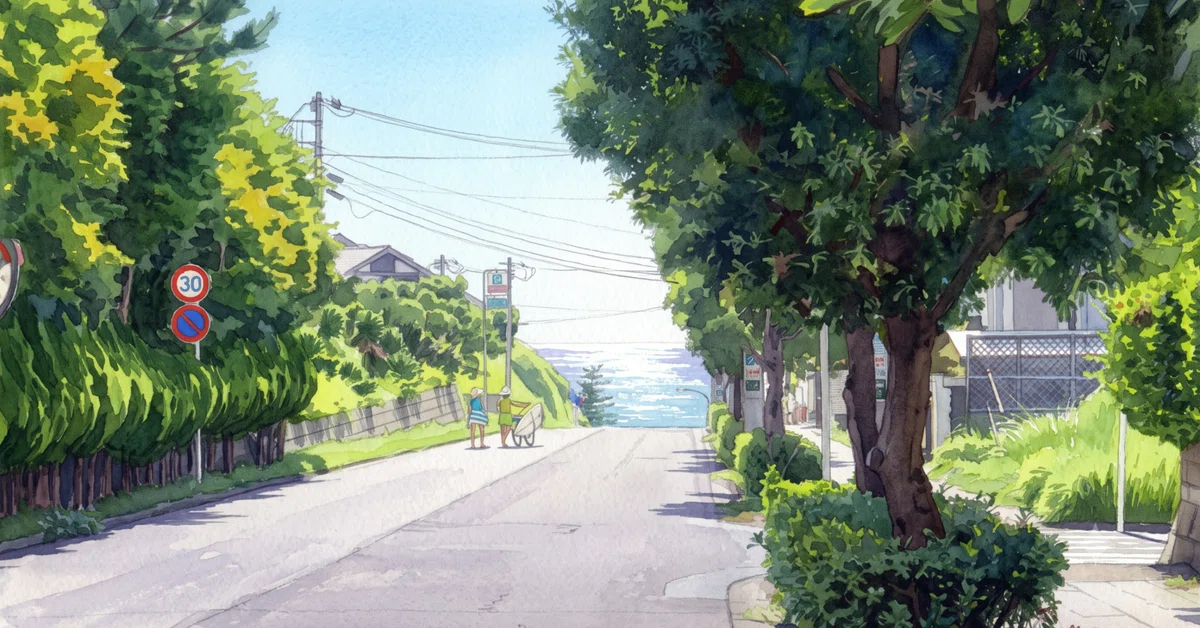 水彩画 風景画 緑と黄色のグラデーション F6サイズ 鎌倉 チュートリアルR3:25]鎌倉 七里ヶ浜の海:水彩画《基本スタイル》WCH-R3