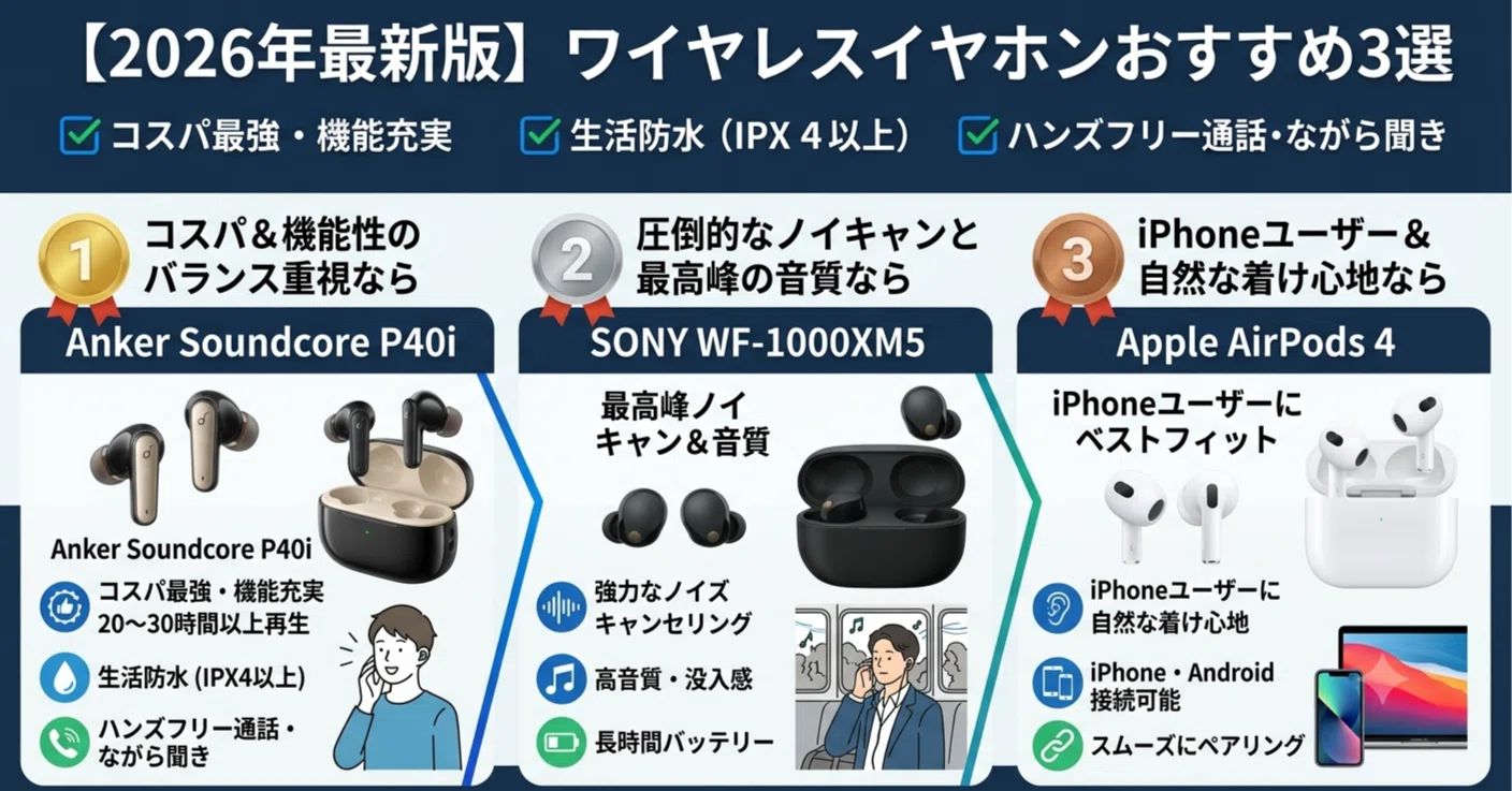 2026年最新版】ワイヤレスイヤホンおすすめ3選｜高音質・ノイズ