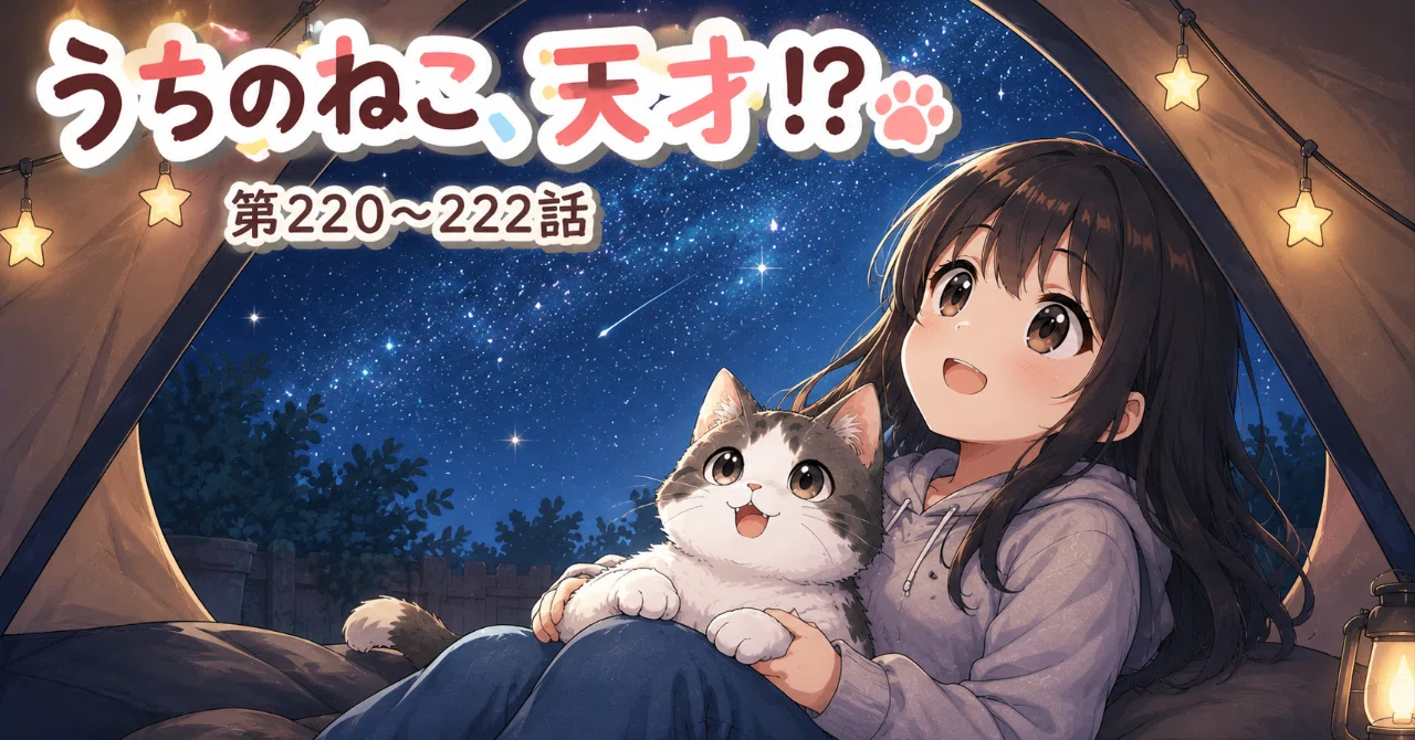 4コマ漫画「うちのねこ、天才!?」第220〜222話：星空キャンプごっこと