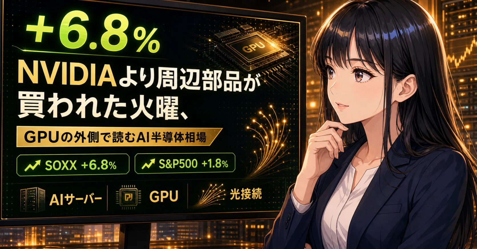 SOXX+6.8%】NVIDIAも周辺部品も買われた火曜…！AI半導体相場をGPUの