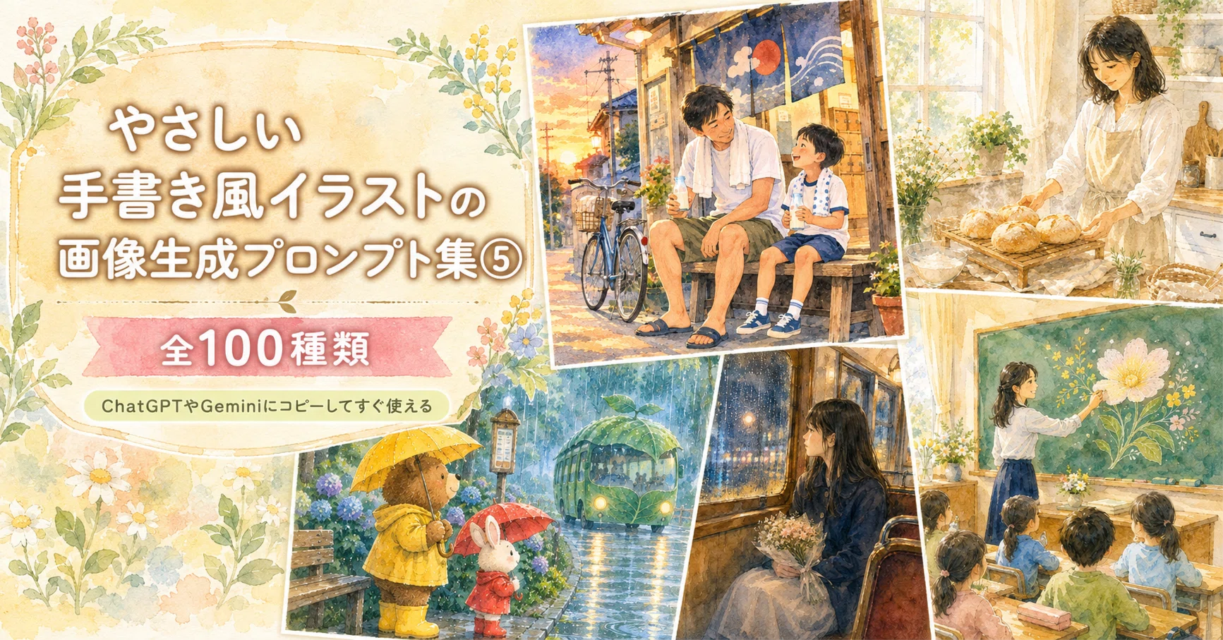 やさしい手書き風イラストの画像生成プロンプト集⑤全100種類 ChatGPT