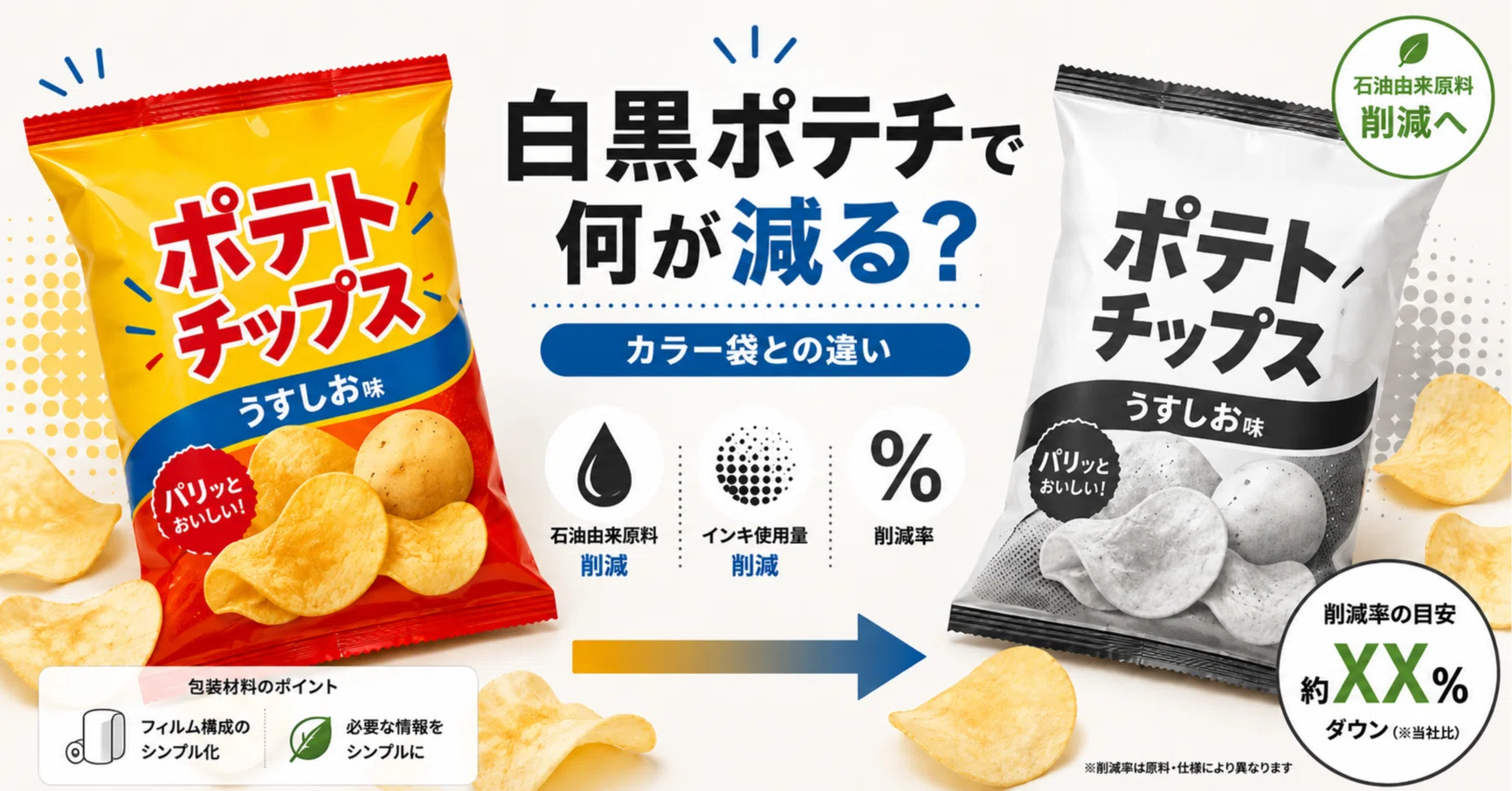 カルビーのポテトチップスが白黒になった理由は？石油由来原料は何