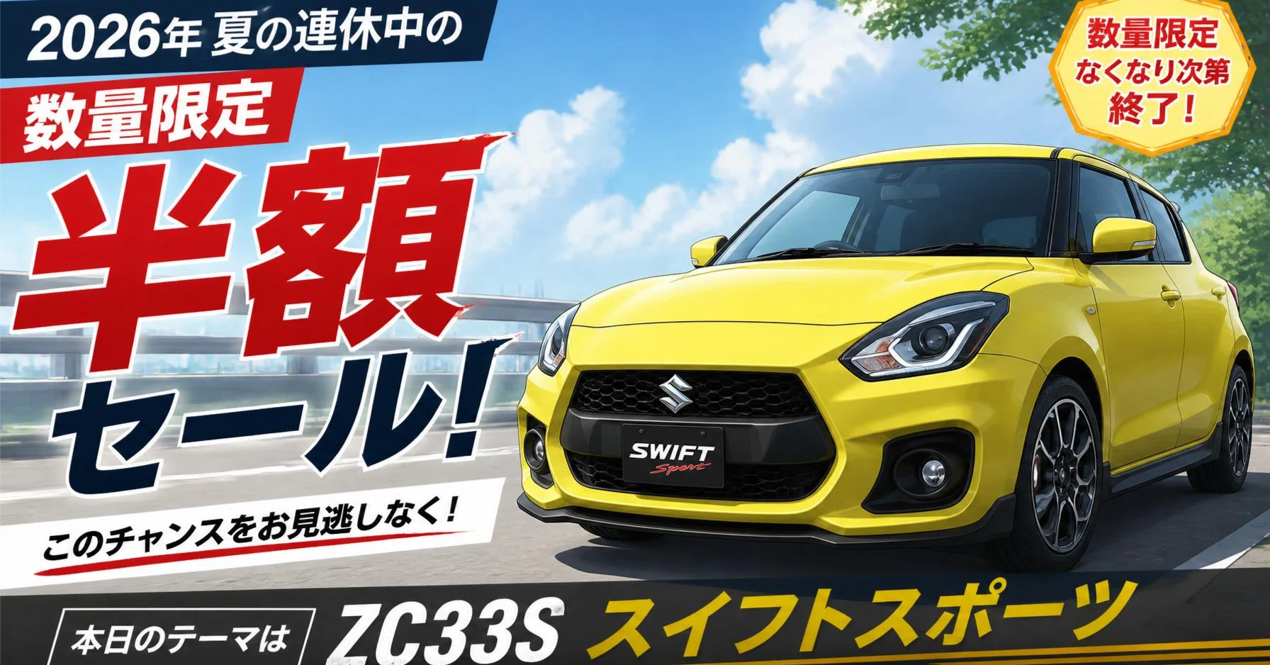 2026年夏の連休中の数量限定半額セール！本日のテーマはZC33S スイフト
