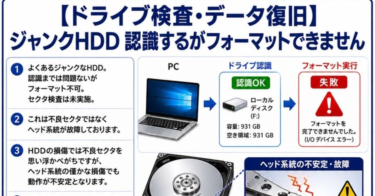 ドライブ検査・データ復旧】ジャンクHDD 認識するがフォーマット